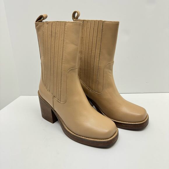 NEW Seychelles Sweet Escape Tan Leather Pull On Block Heel Square Toe Boots - Picture 9 of 14